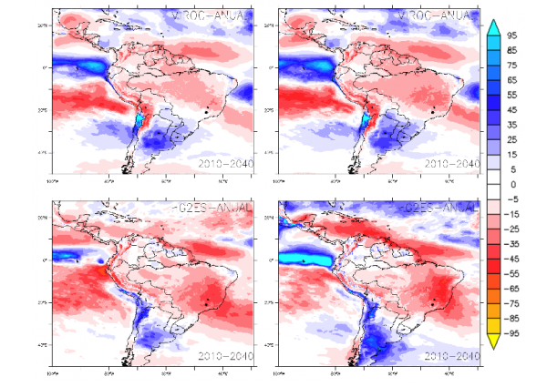 O que acontece com as chuvas no Brasil nos quatro cenários avaliados pelo 2040: o melhor cenário (mapa superior esquerdo) e o pior (inferior dirteito)