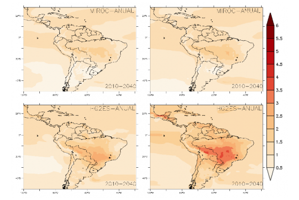 O que acontece com a temperatura no Brasil nos quatro cenários avaliados pelo 2040: o melhor cenário (mapa superior esquerdo) e o pior (inferior dirteito)