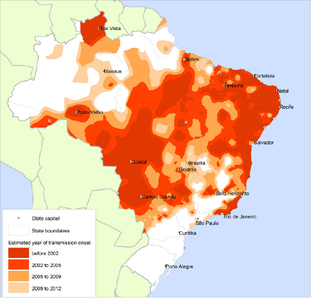 As áreas em vermelho-claro e laranja mostram o a expansão da dengue Brasil após 2001. (Fonte: “Expansão da área de transmissão da dengue no Brasil: o papel do clima e das cidades”, estudo de Christovam Barcellos e Rachel Lowe)