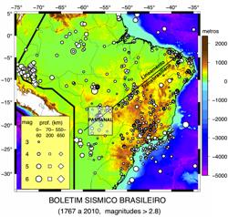Figura 4 - Boletim Sísmico Brasileiro, mostrando os sismos com magnitude maior que 2.8 entre 1767 e 2010 com destaque para o Pantanal (Assine,2003).