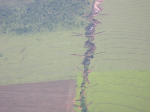 Um processo de formação de uma voçoroca na Alta bacia do rio Taquari, em MS. O desmatamento e a fragilidade dos solos como causas.Foto Alcides Faria, 2010.