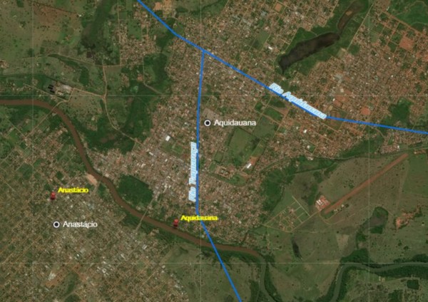 Identificação no mapa do rio Aquidauana e os municípios e comunidades de Aquidauana e Anastácio/MS (Imagem retirada no mapa interativo feito pela Ecoa)