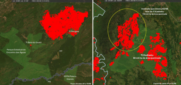 À esquerda: acumulado (01 a 15/08) de área queimada na TI Perigara/MT; à direita: acumulado (01 a 15/08) de área queimada na TI Kadiwéu/MS